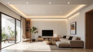 Forro-e-sancas-de-gesso-em-Andradina-com-iluminacao-de-LED-indireta-e-molduras-decorativas-brancas-destacando-acabamento-moderno-e-elegante-em-ambiente-residencial