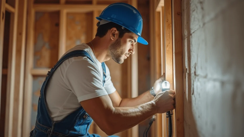 Homem-de-macacao-tipo-jardineira-azul-camiseta-branca-e-capacete-azul-executando-parte-eletrica-em-estrutura-de-gesso