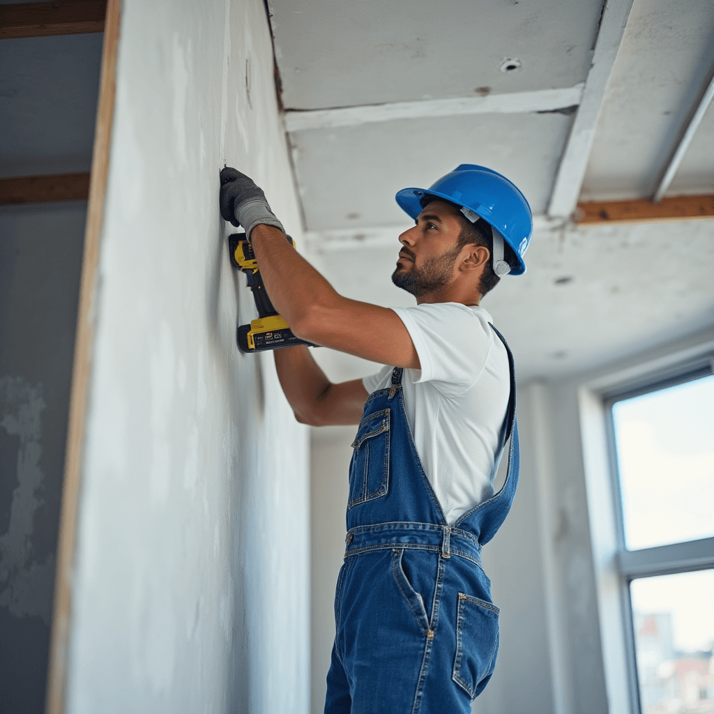 Homem-de-macacao-tipo-jardineira-azul-camiseta-branca-e-capacete-azul-instalando-drywall.