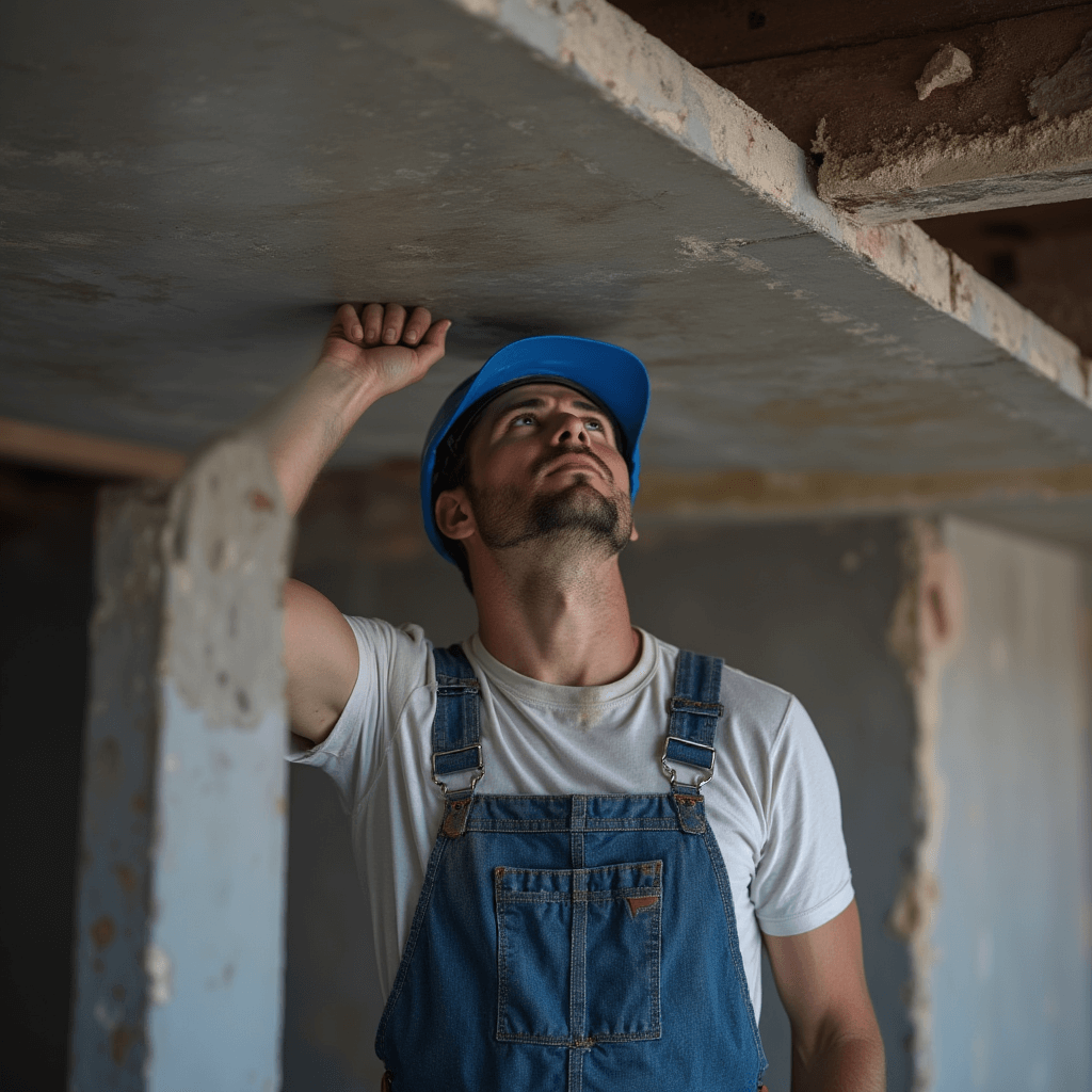 Homem-de-macacao-tipo-jardineira-azul-camiseta-branca-e-capacete-azul-instalando-forro-de-gesso