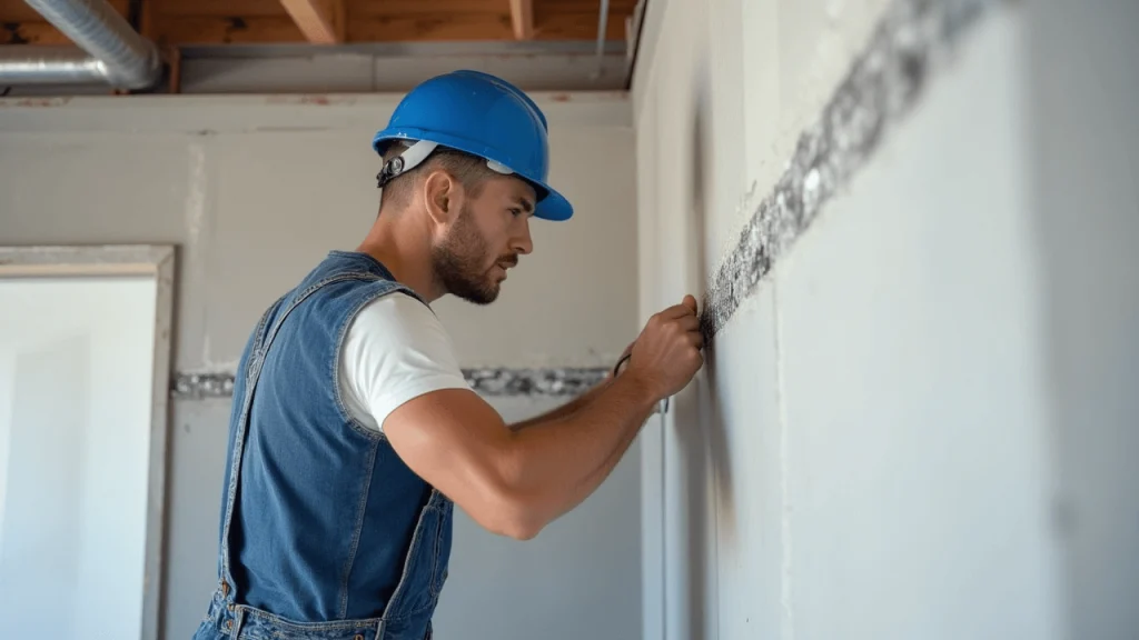 Homem-de-macacao-tipo-jardineira-azul-camiseta-branca-e-capacete-azul-instalando-moldura-de-gesso.