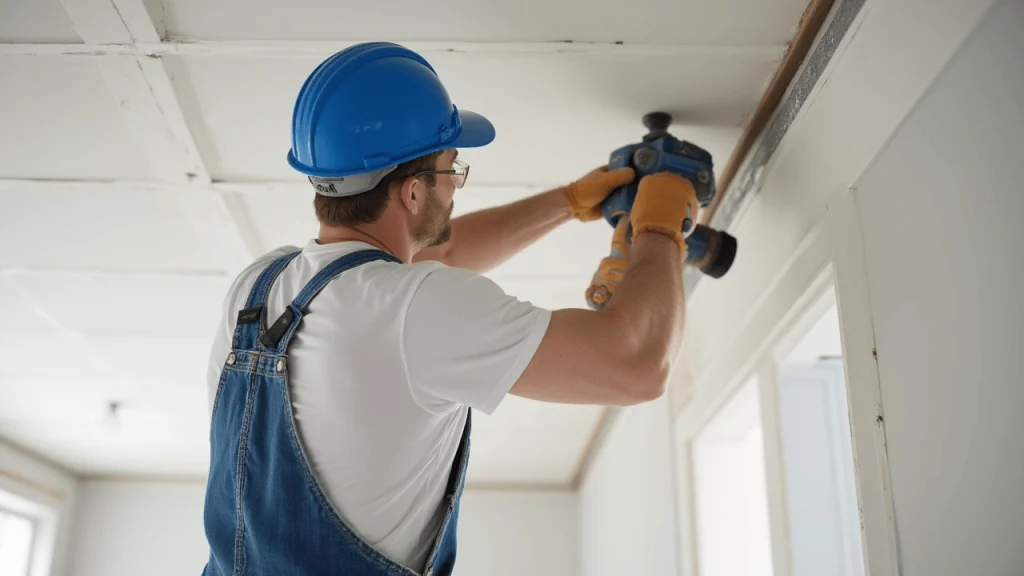 Homem-de-macacao-tipo-jardineira-azul-camiseta-branca-e-capacete-azul-instalando-sanca-fechada-em-gesso