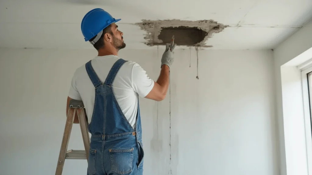 Homem-de-macacao-tipo-jardineira-azul-camiseta-branca-e-capacete-azul-realizando-reparo-em-buraco-no-forro-de-gesso.