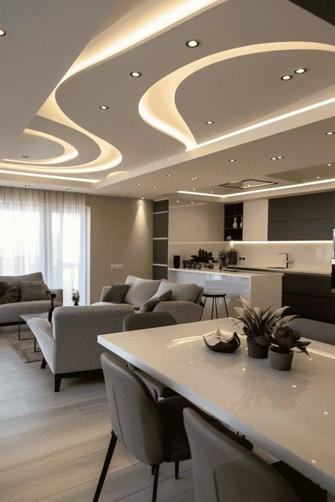 gesso-em-casa-de-condominio-com-iluminacao-indireta-em-sala-integrada-moderna-em-Birigui