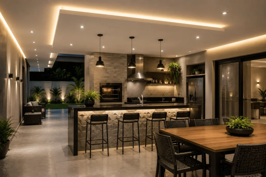 Área gourmet residencial com teto de gesso rebaixado e iluminação decorativa em Andradina SP