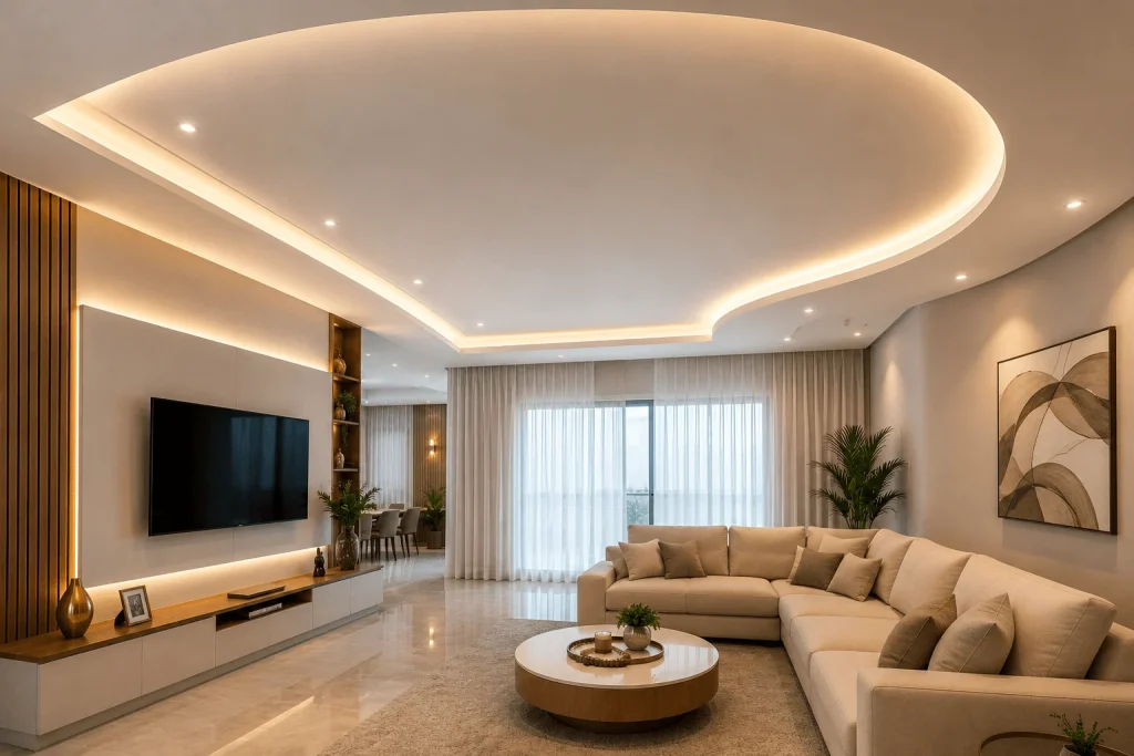 Forro-de-gesso-com-corte-curvo-em-Birigui-SP-iluminacao-LED-indireta-e-acabamento-moderno-em-sala-de-estar-sofisticada.
