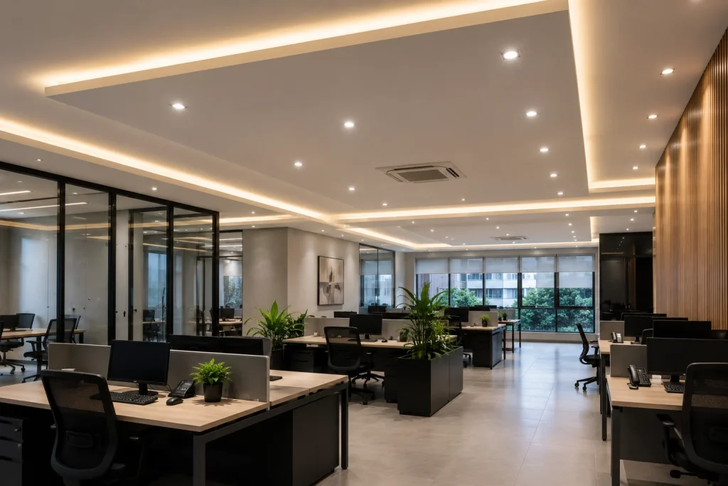 Forro de gesso corporativo com iluminação moderna para escritório empresarial em Andradina SP