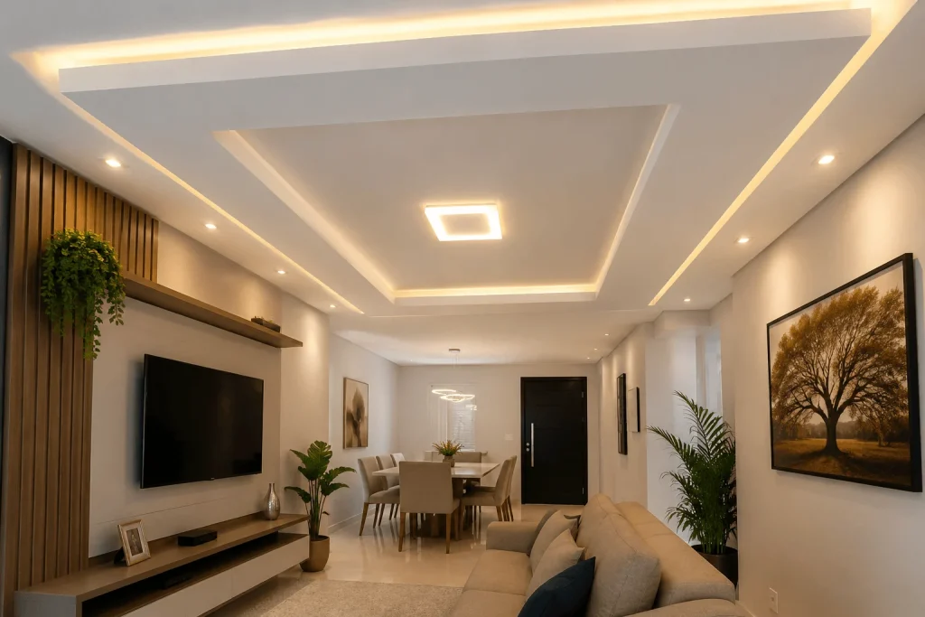 Forro-de-gesso-moderno-em-Aracatuba-com-iluminacao-indireta-em-LED-e-acabamento-sofisticado-em-ambiente-integrado.
