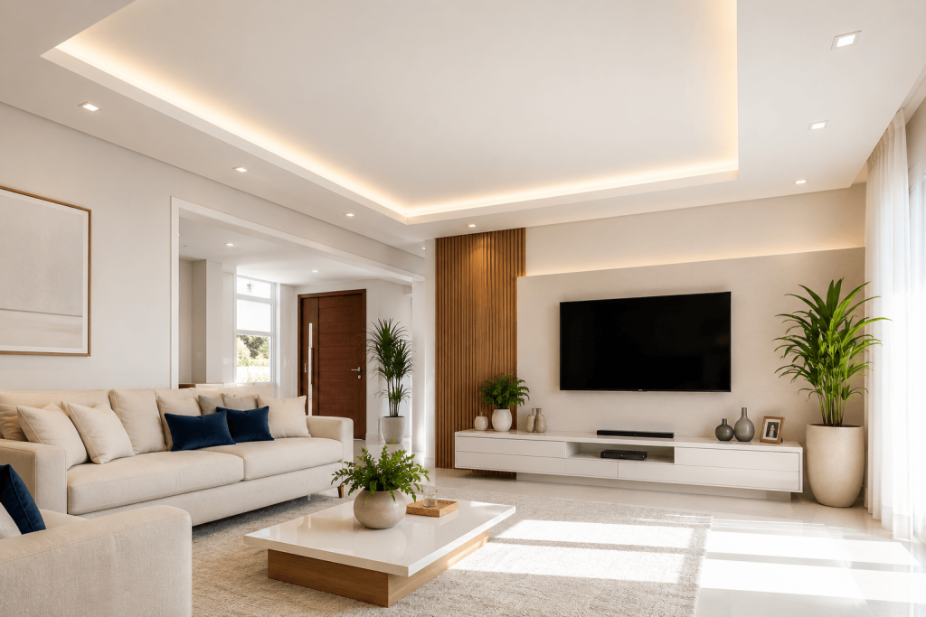 Forro-de-gesso-rebaixado-com-iluminacao-em-LED-em-sala-clara-e-moderna-em-Aracatuba.