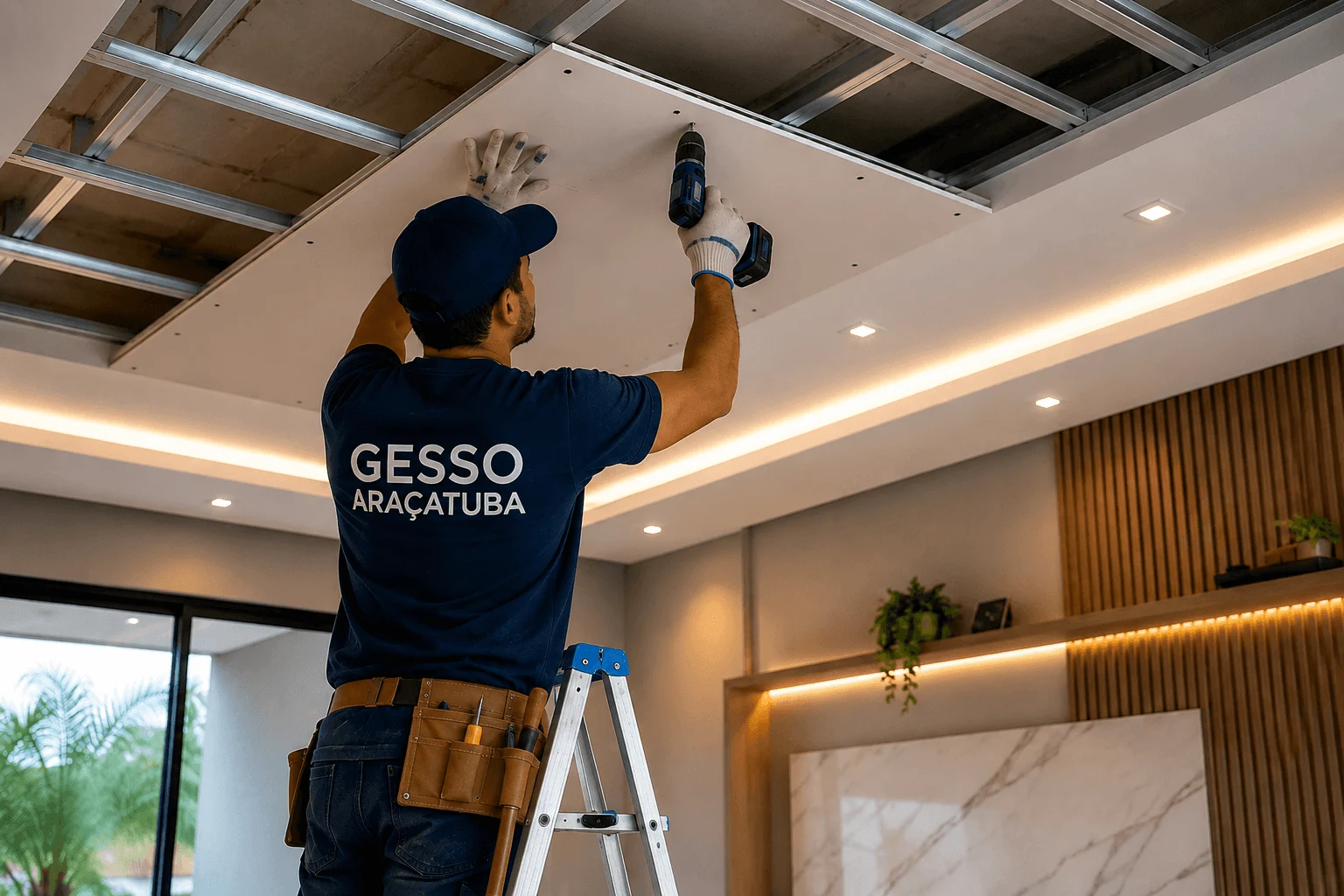 Gesseiro-realizando-instalacao-de-forro-de-gesso-no-teto-com-estrutura-de-drywall-em-ambiente-interno