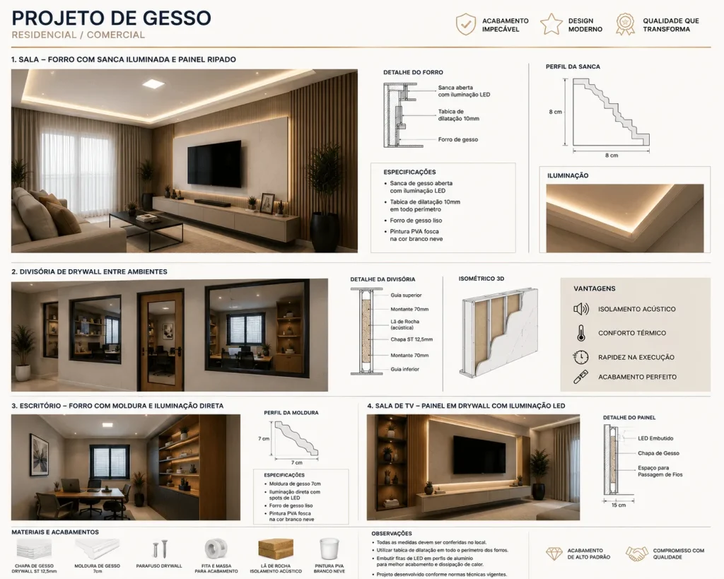 Projeto de gesso em Andradina com detalhamento técnico de forro, sanca iluminada e divisórias em drywall para ambientes residenciais e comerciais