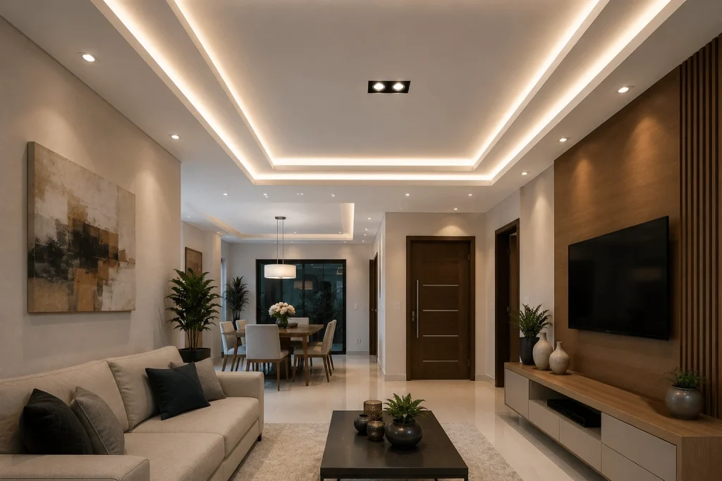 forro-de-gesso-rebaixado-em-Lins-com-iluminacao-embutida-em-LED-em-sala-moderna-integrada-com-acabamento-sofisticado-