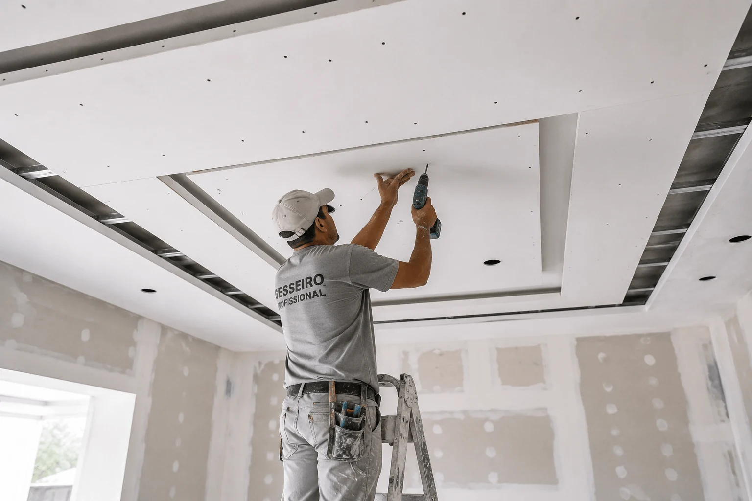 gesseiro-instalando-forro-de-gesso-em-Aracatuba-durante-montagem-de-estrutura-no-teto