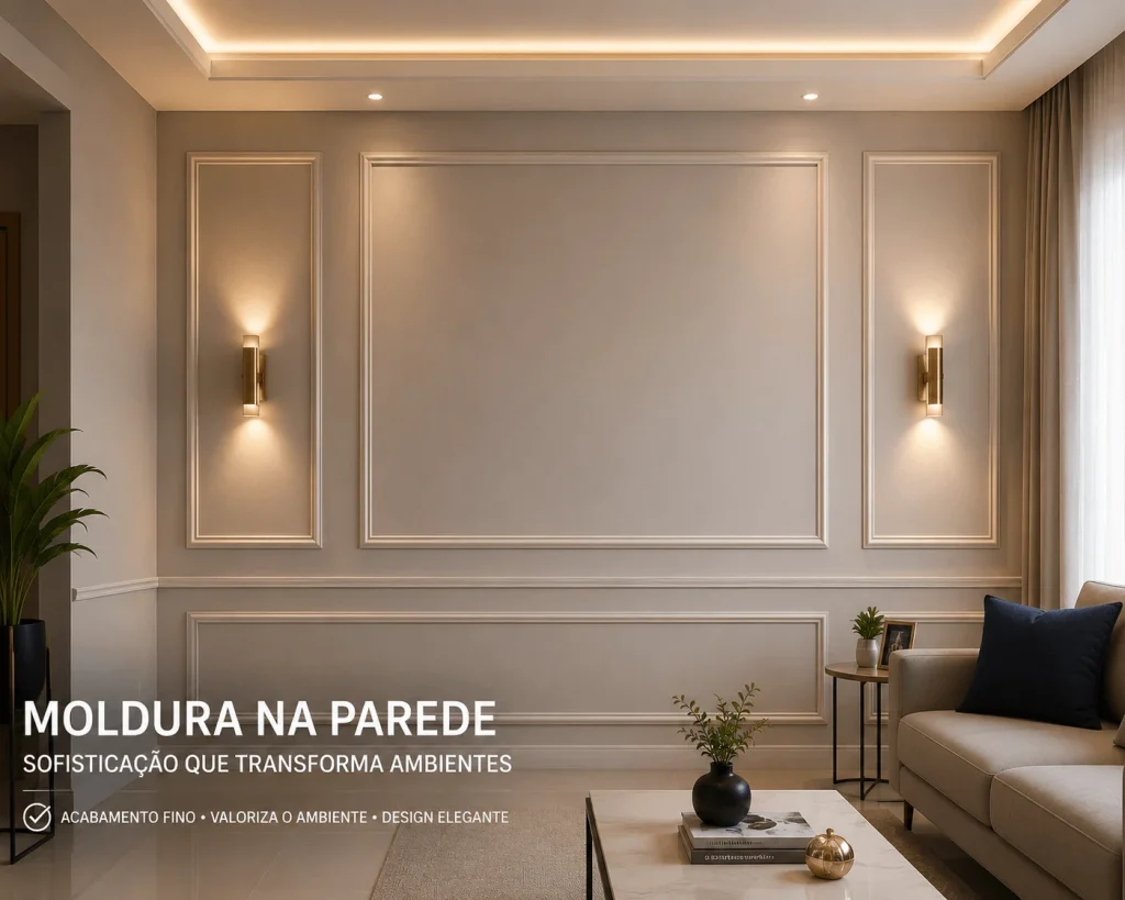 moldura de gesso na parede em ambiente moderno com iluminação decorativa e acabamento elegante valorizando o espaço