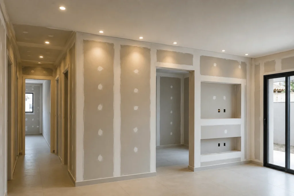 parede-de-drywall-em-Aracatuba-em-fase-de-acabamento-com-estrutura-pronta-e-iluminacao-embutida-no-teto