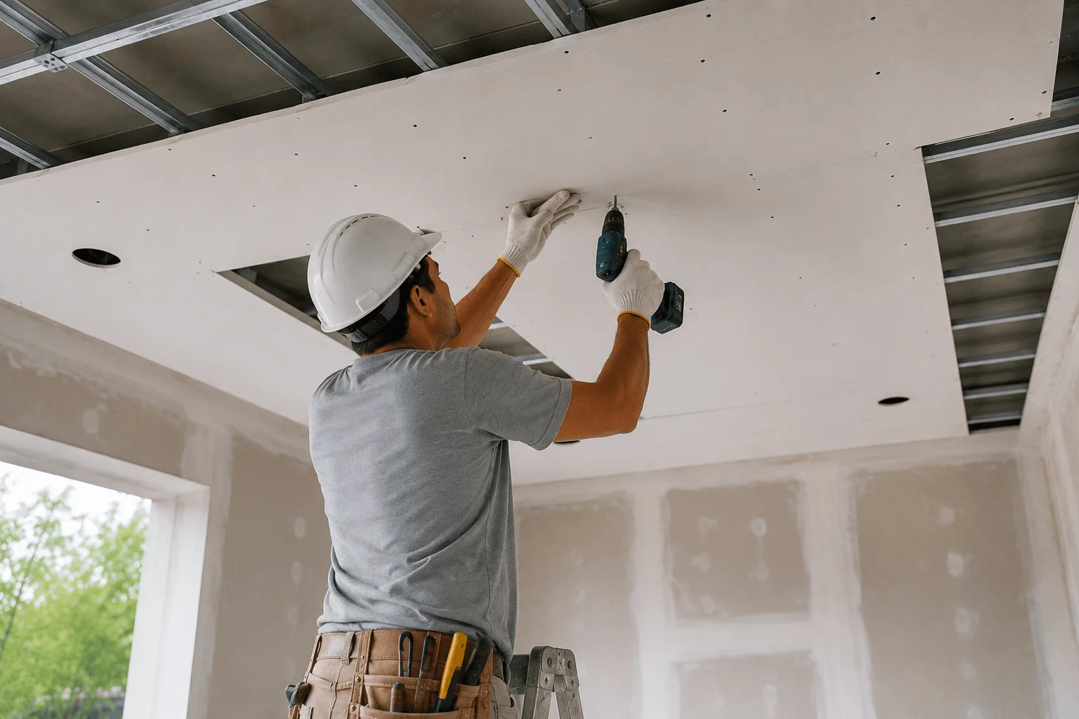 profissional aplicando forro de gesso em Penápolis com estrutura de drywall no teto